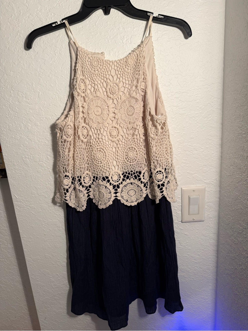 BCX Cream Crochet Bodice with Navy Midi Skirt